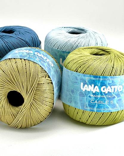 Lana Gatto Cablé 5 mercerized Egyptian Mako cotton fingering weight yarn from iDOKNiT. Smooth, tightly spun premium Italian fiber with a subtle sheen for luxury knitting and crochet, 175m per 50g ball.