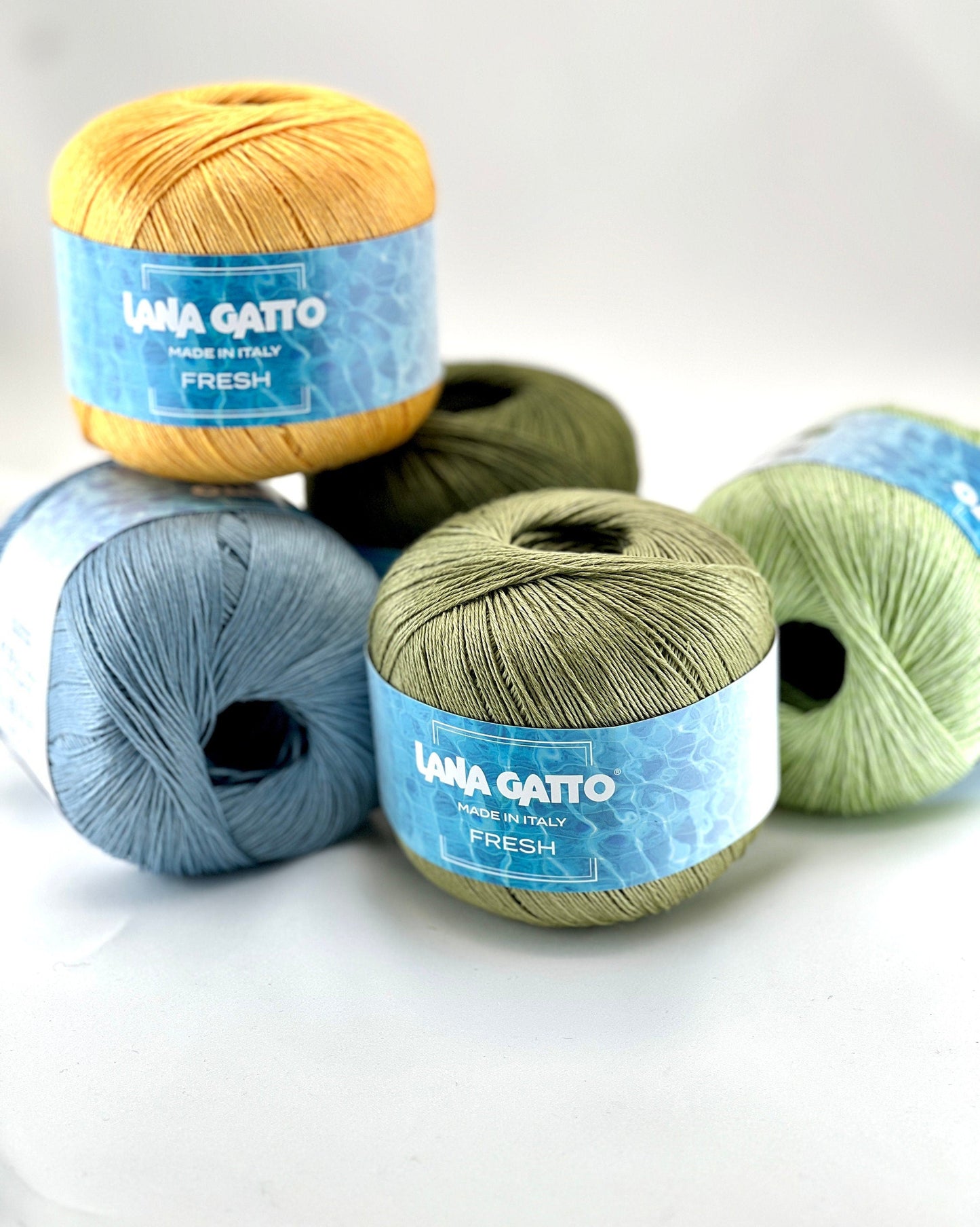 FRESH 100% Linen flax yarn by Lana Gatto, Italy – premium sport-weight summer yarn shown in a vibrant palette of colors. Ideal for breathable summer tops, elegant lightweight cardigans, and luxury knitting. Made in Tollegno, Italy. Available at iDOKNiT.com.