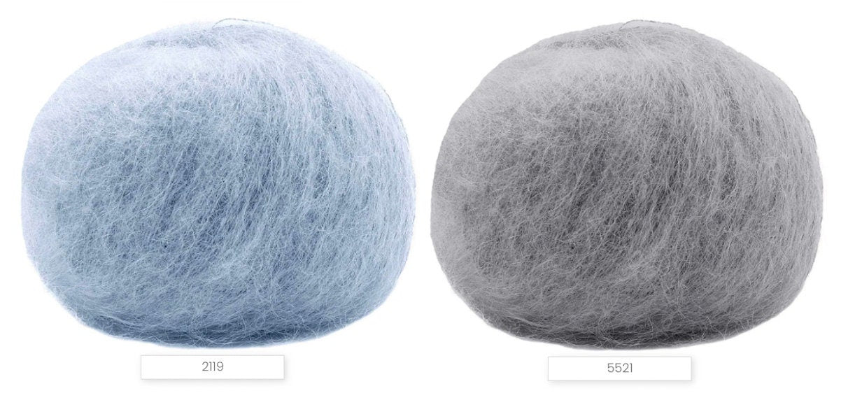 Close-up of iDOKNiT Lana Gatto MOHAIR ROYAL yarn, highlighting the delicate airy halo of Kid Mohair and Extrafine Merino blend in a 25g ball.