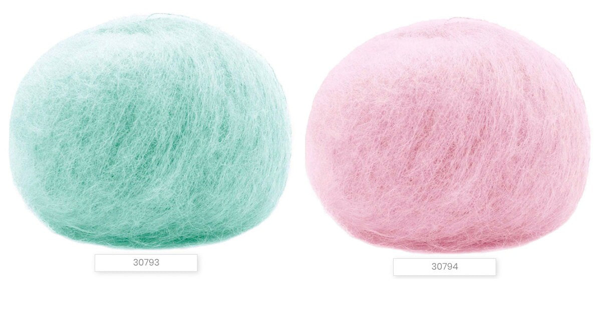 Close-up of iDOKNiT Lana Gatto MOHAIR ROYAL yarn, highlighting the delicate airy halo of Kid Mohair and Extrafine Merino blend in a 25g ball.