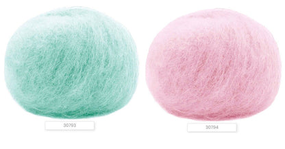 Close-up of iDOKNiT Lana Gatto MOHAIR ROYAL yarn, highlighting the delicate airy halo of Kid Mohair and Extrafine Merino blend in a 25g ball.