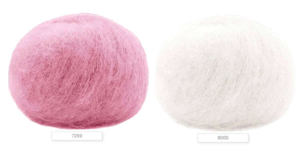 Close-up of iDOKNiT Lana Gatto MOHAIR ROYAL yarn, highlighting the delicate airy halo of Kid Mohair and Extrafine Merino blend in a 25g ball.