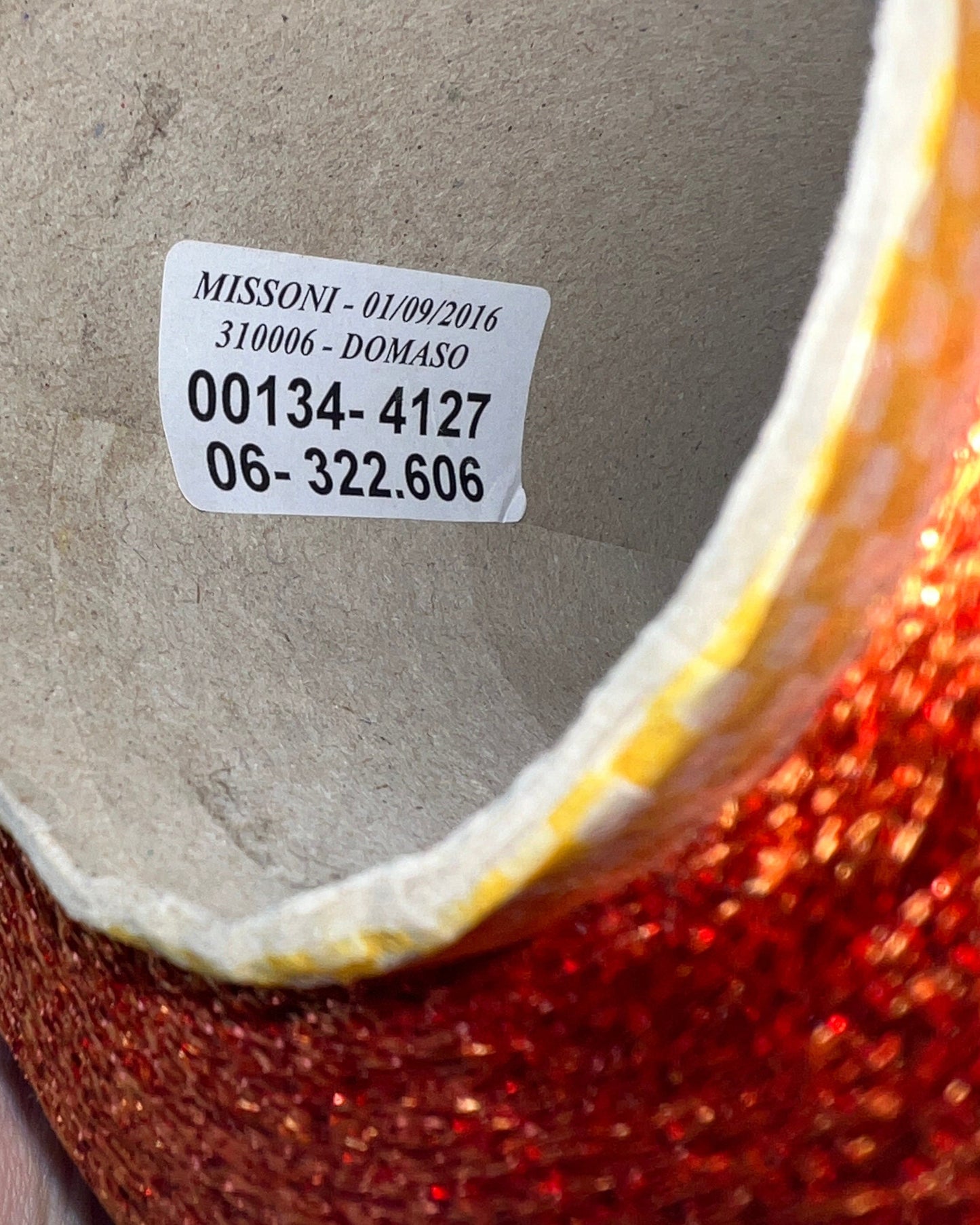 MISSONI DOMASO metallic lurex yarn cone in bright copper orange color, luxury Italian fashion-house yarn