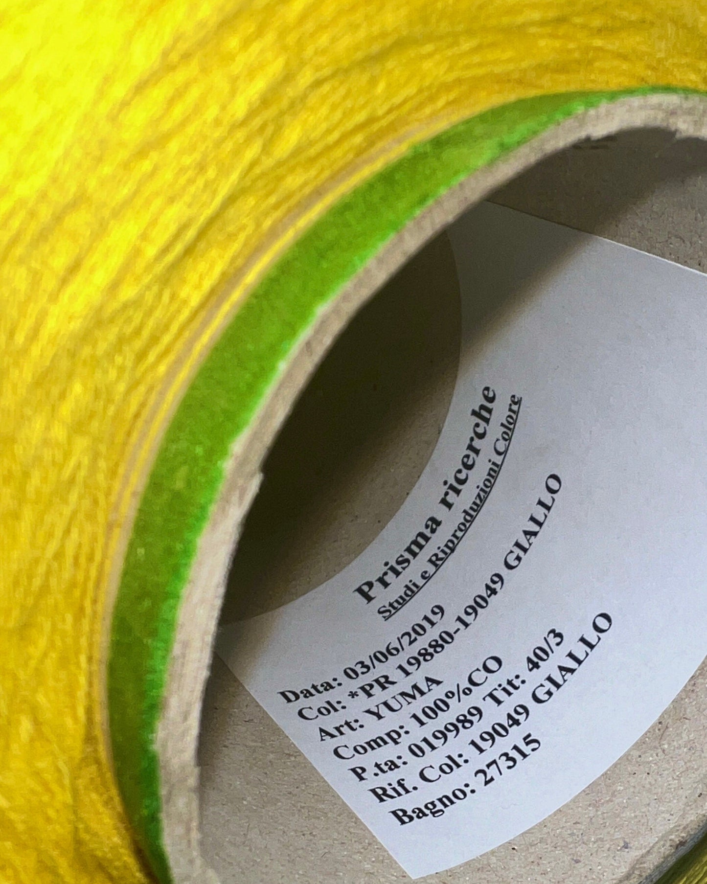 YUMA by Prisma Ricerche — sunflower yellow ecological lace-weight cable cotton yarn, shown on cone and in texture close-ups, available at iDOKNiT.