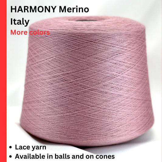 Pink yarn cone with 'Harmony Merino Italy' text on a white background