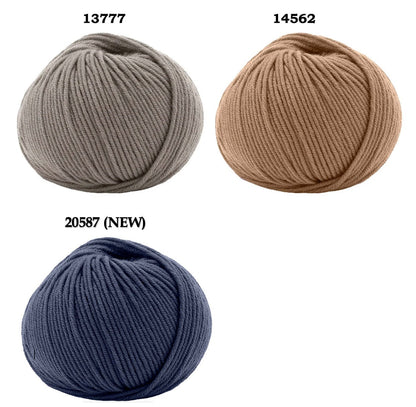 Three balls of yarn in different colors with color codes above them on a white background.