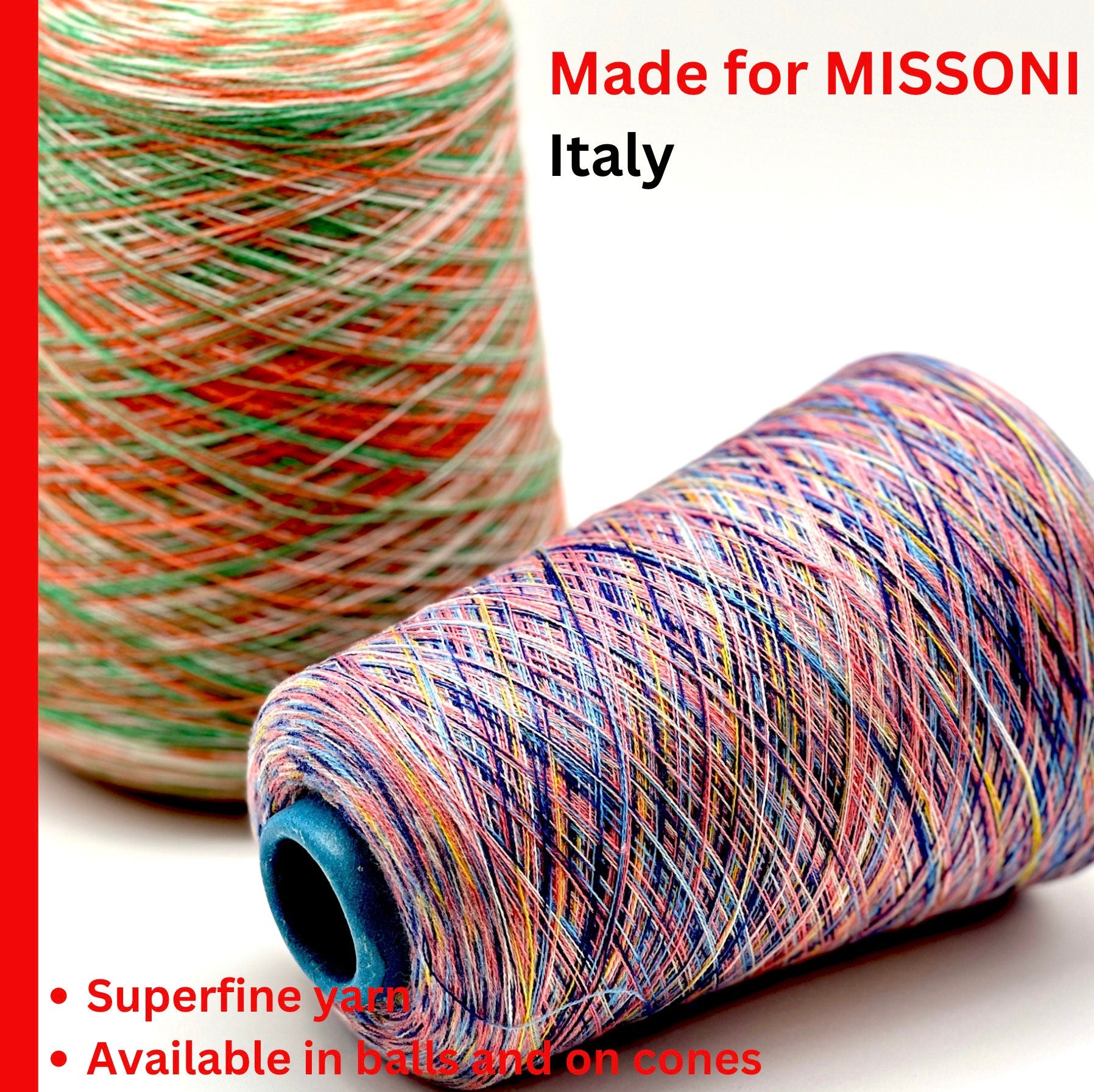 Rare MISSONI 100% Merino super fine yarn on cones. Features vibrant multicolor mixes like Violet Pink (806) and Green Orange (807). Premium Italian designer yarn available at iDOKNiT.com.