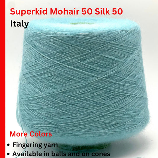 Turquoise yarn cone with text about Superkid Mohair, Silk, and Italy on a white background.