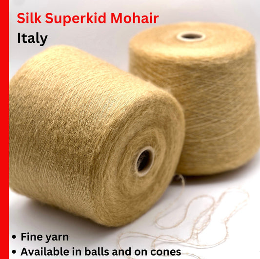 Two skeins of beige yarn with text about Silk Superkid Mohair from Italy.