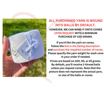 Yarn ball held in hand with grass background and text about yarn availability.
