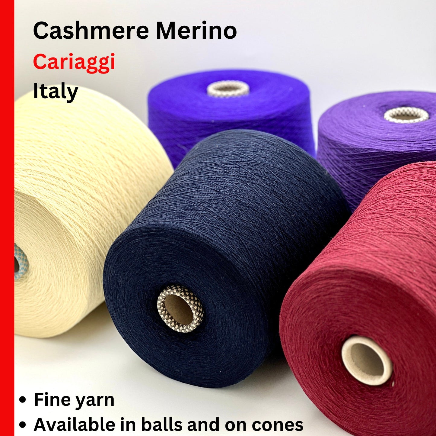 Five spools of yarn in different colors with 'Cashmere Merino' branding on a white background.