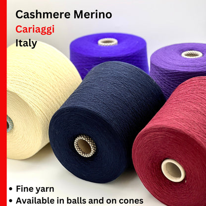 Five spools of yarn in different colors with 'Cashmere Merino' branding on a white background.