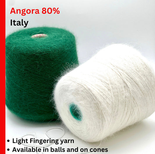 Two spools of yarn, one green and one white, with text indicating Angora content and availability.