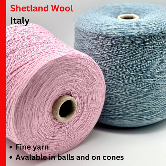 Two spools of pink and blue yarn with text about Shetland Wool from Italy.