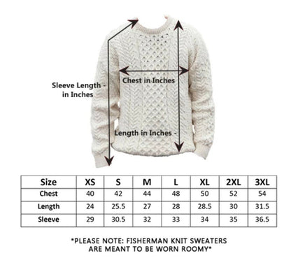 Measurement chart for fisherman knit sweaters with a white sweater on a white background