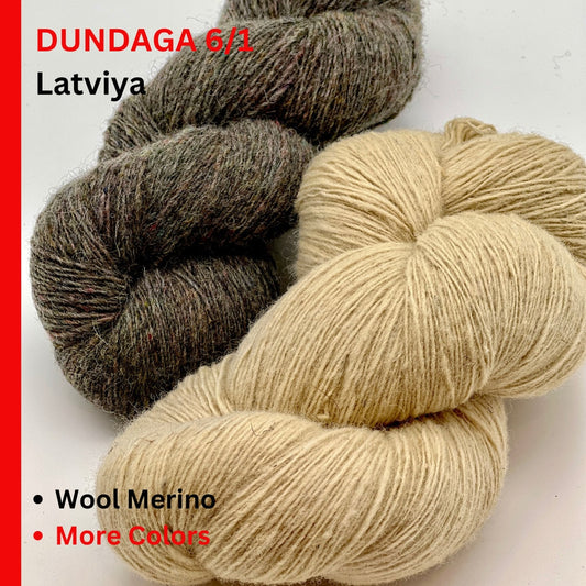 Two skeins of yarn, one brown and one beige, on a white background with text about the yarn's brand and properties.
