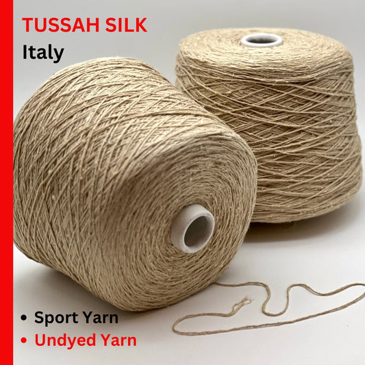 Exclusive iDOKNiT sport weight yarn, SETA TUSSAH by RiGo Italy. 100% pure Tussah silk with a Tit. 3000 count, providing 300m per 100g. Authentic Italian-made luxury fiber featuring a soft, slightly textured matte sheen, curated by iDOKNiT for elegant hand and machine knitting projects.