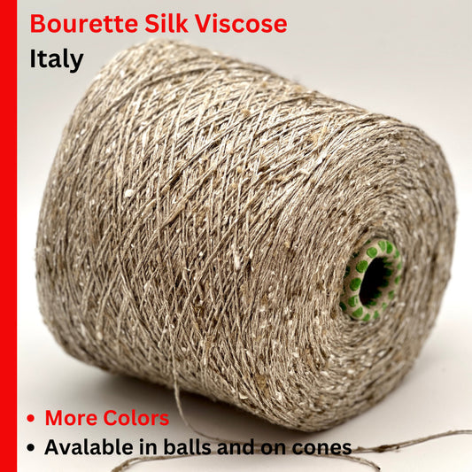 Roll of Bourette Silk Viscose from Italy with text on a white background