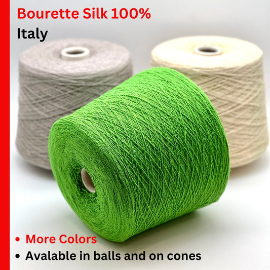 Three spools of yarn in green, gray, and beige with text about Bourette Silk from Italy.