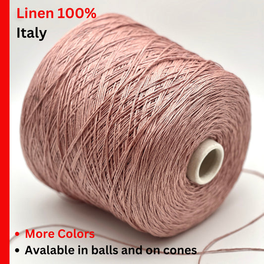 Spool of pink linen thread with text indicating 100% linen from Italy on a white background.