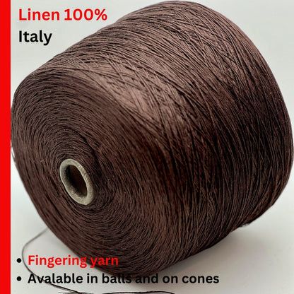 Premium iDOKNiT light fingering weight yarn, FRESCOLINO by RI.Go Italy. 100% pure linen fiber with an Nm 3900 count, providing 390m per 100g. Authentic Italian-made plant fiber curated by iDOKNiT in shade 957 Chocolate, perfect for breathable, durable, and elegant summer hand or machine knitting.