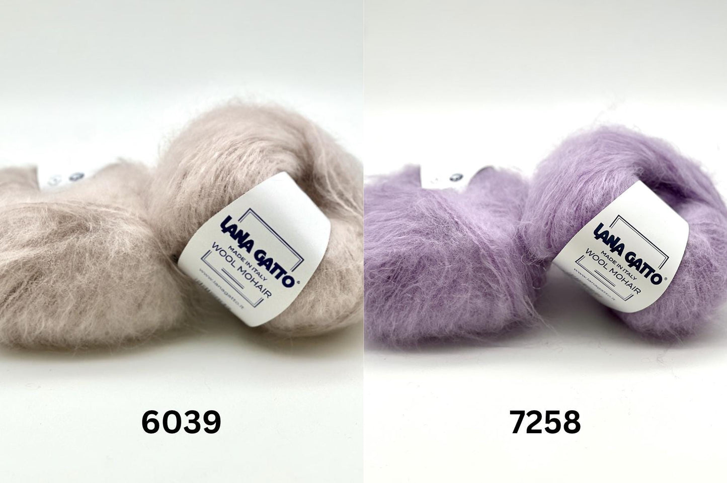 Two balls of yarn with labels on a white background