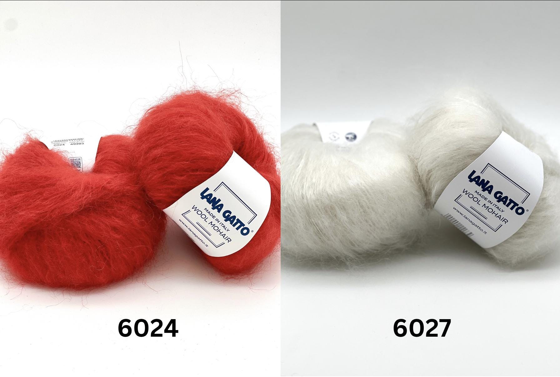 Two skeins of yarn, one red and one white, with labels on a white background.