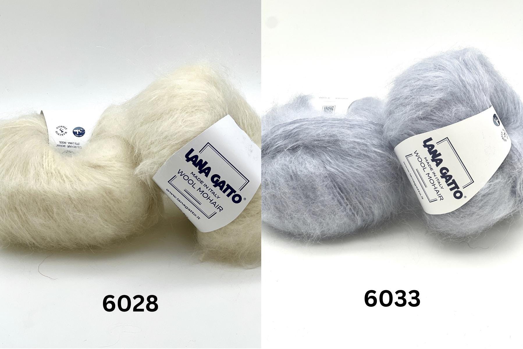 Two balls of yarn, one white and one gray, with labels indicating brand and color codes on a white background.