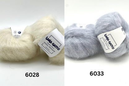 Two balls of yarn, one white and one gray, with labels indicating brand and color codes on a white background.