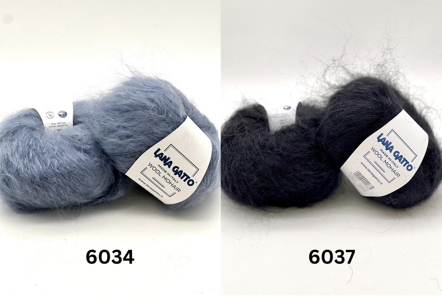 Two skeins of yarn, one blue and one black, with labels on a white background.