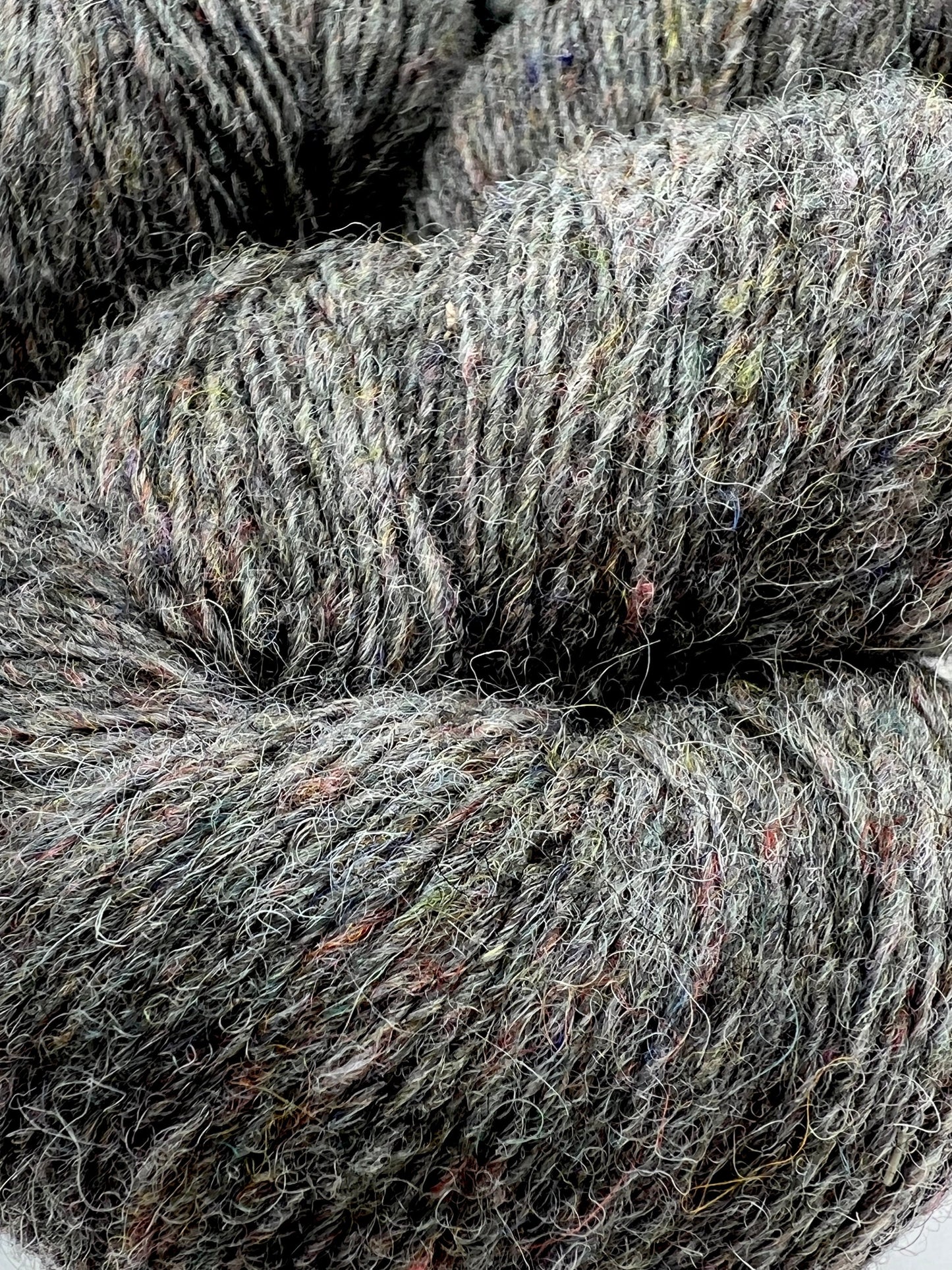 Close-up of skeins of gray yarn with speckles