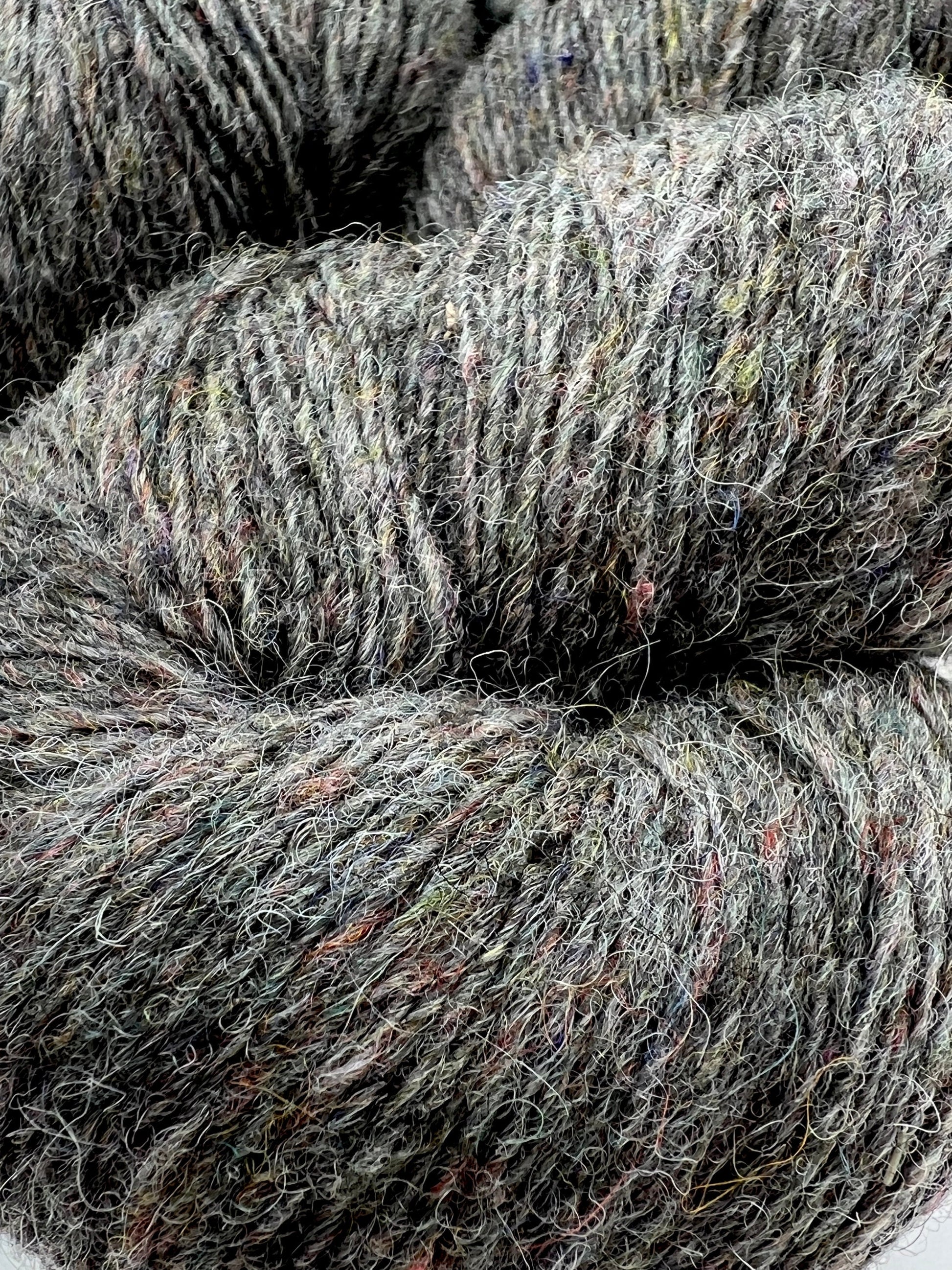 Close-up of skeins of gray yarn with speckles