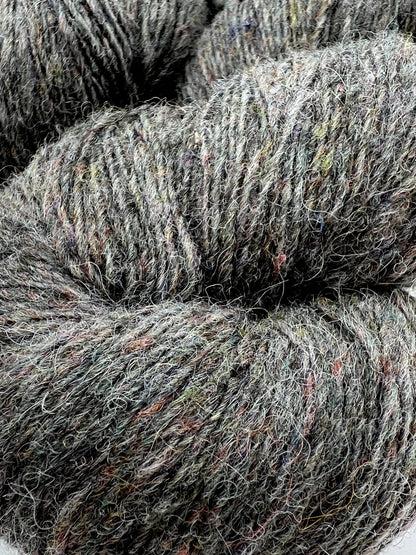 Close-up of skeins of gray yarn with speckles