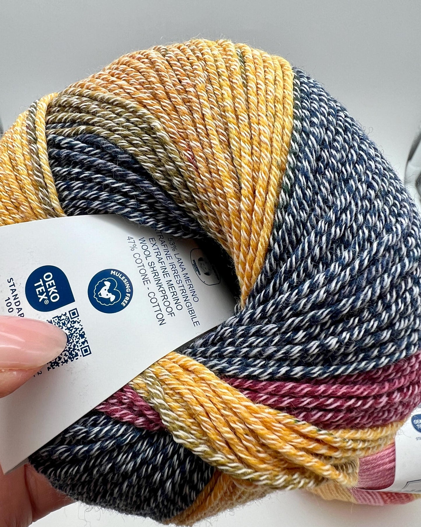 Exclusive iDOKNiT sport weight yarn, Gradient MERINOCOT by Lana Gatto Italy. A premium Italian-made blend of 53% merino wool and 47% cotton featuring a smooth gradient color transition. Providing 125m per 50g ball, this luxury fiber is curated by iDOKNiT for breathable, soft, and artistic garments with natural depth across all seasons.