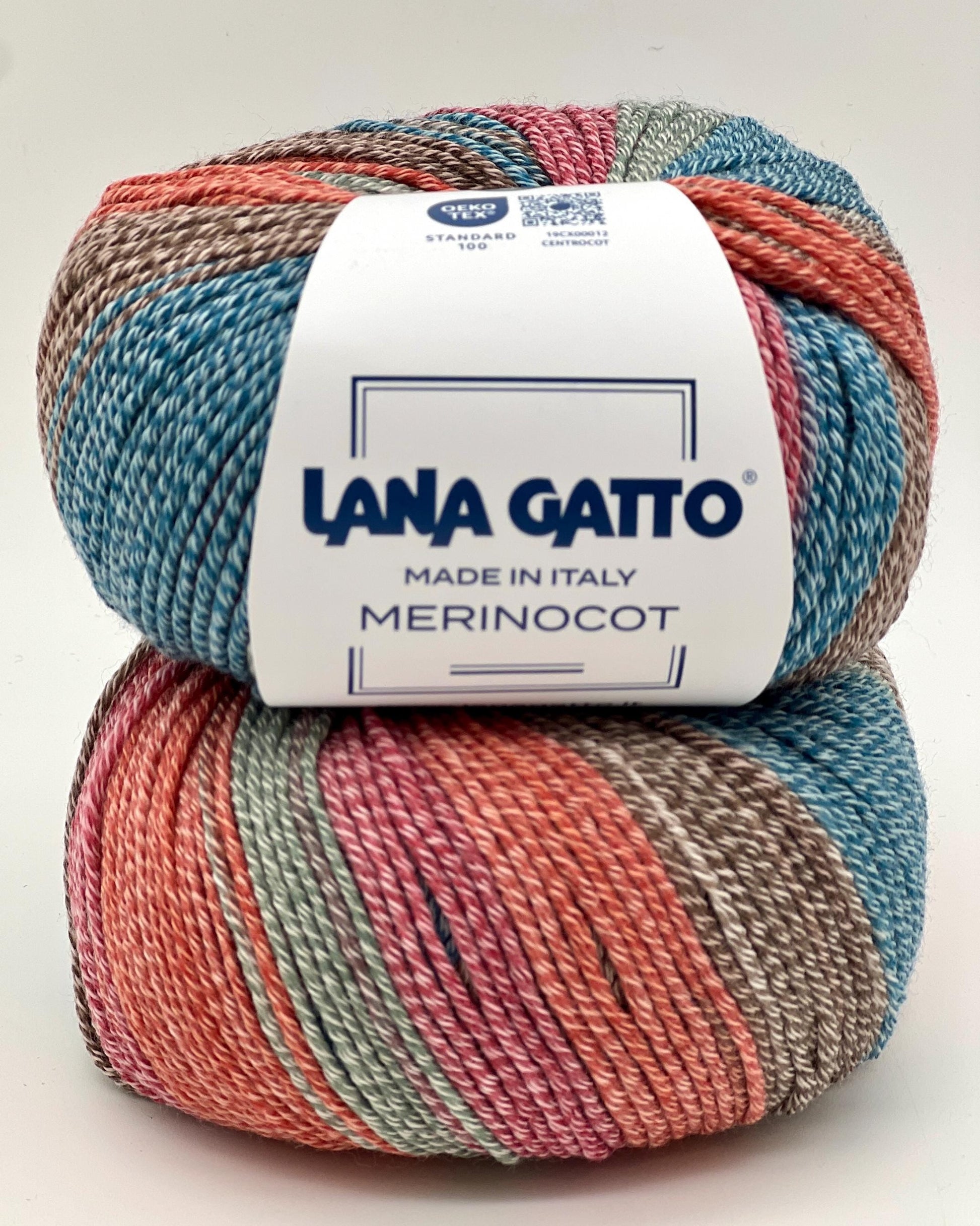 Exclusive iDOKNiT sport weight yarn, Gradient MERINOCOT by Lana Gatto Italy. A premium Italian-made blend of 53% merino wool and 47% cotton featuring a smooth gradient color transition. Providing 125m per 50g ball, this luxury fiber is curated by iDOKNiT for breathable, soft, and artistic garments with natural depth across all seasons.
