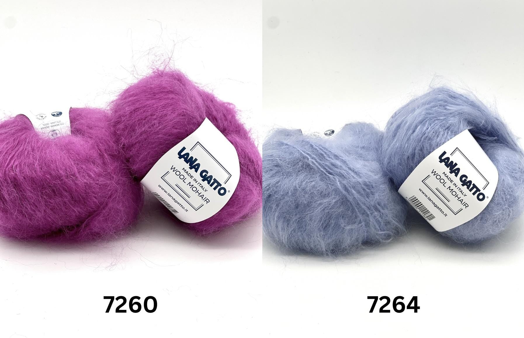 Two balls of yarn, one purple and one blue, with labels on a white background.