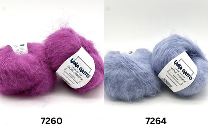 Two balls of yarn, one purple and one blue, with labels on a white background.