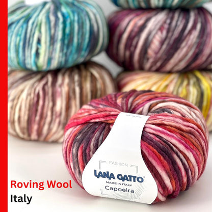 Lana Gatto Capoeira luxurious wool blend super bulky roving yarn from iDOKNiT. Lightweight fluffy Italian-spun multicolor gradient fiber from the Winter 2025 Limited Collection, 100m per 100g skein.