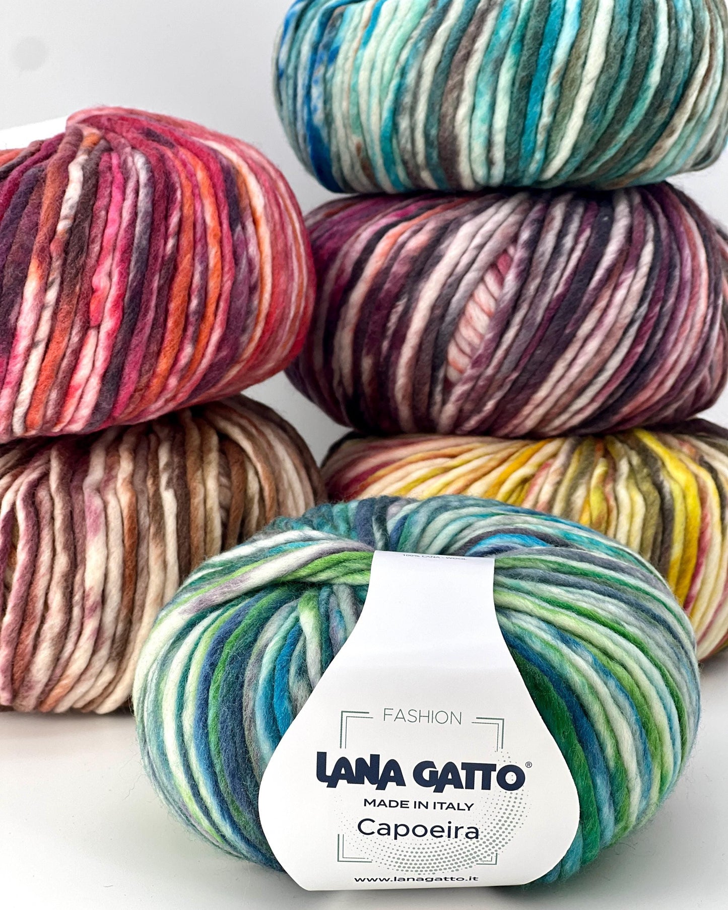 Lana Gatto Capoeira luxurious wool blend super bulky roving yarn from iDOKNiT. Lightweight fluffy Italian-spun multicolor gradient fiber from the Winter 2025 Limited Collection, 100m per 100g skein.