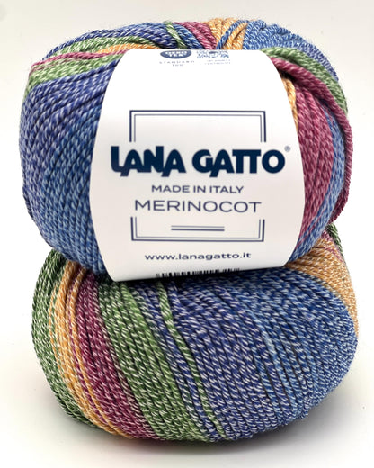 Exclusive iDOKNiT sport weight yarn, Gradient MERINOCOT by Lana Gatto Italy. A premium Italian-made blend of 53% merino wool and 47% cotton featuring a smooth gradient color transition. Providing 125m per 50g ball, this luxury fiber is curated by iDOKNiT for breathable, soft, and artistic garments with natural depth across all seasons.