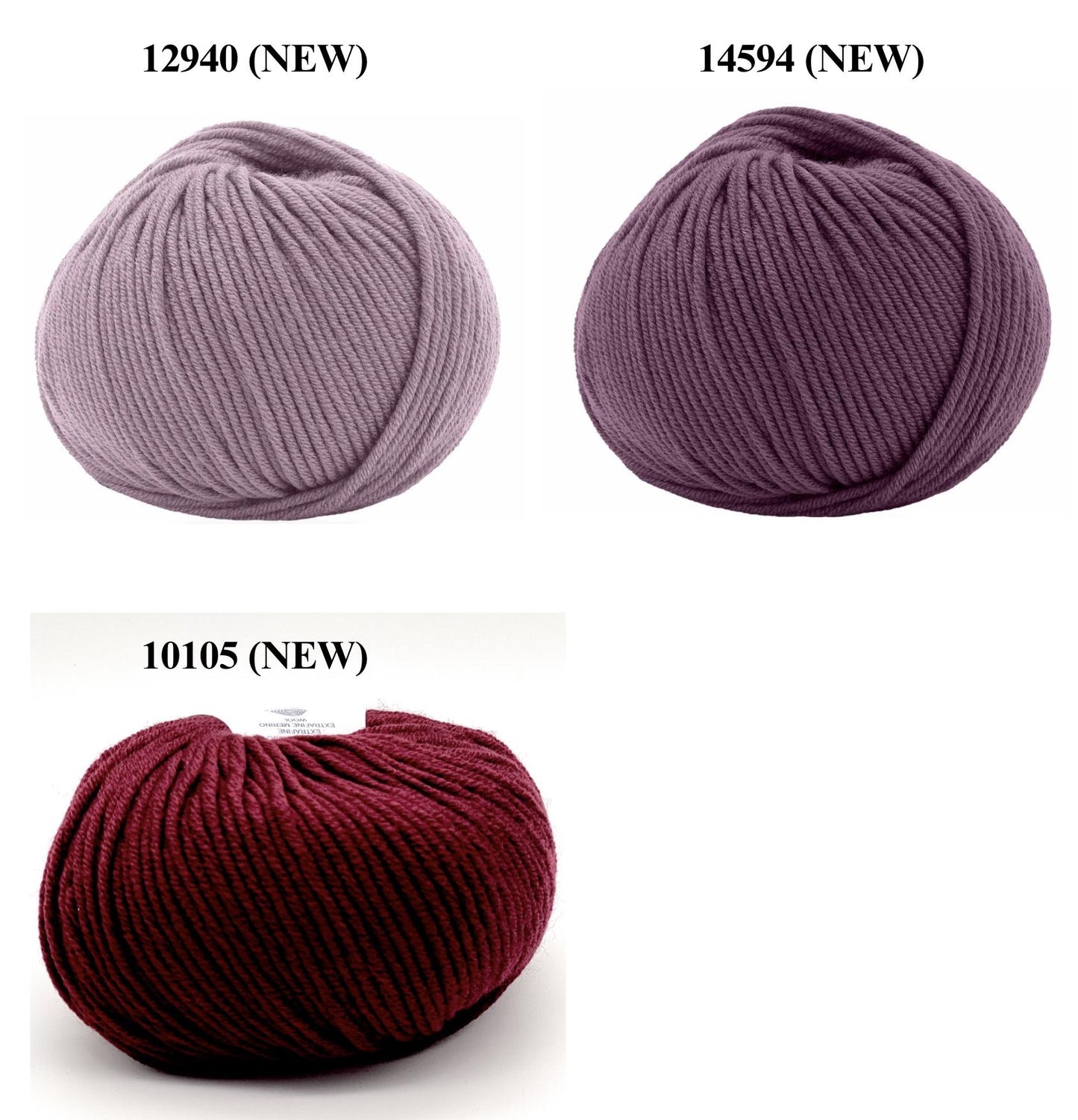 Three skeins of yarn in different colors with color codes on a white background