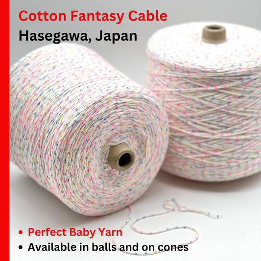 Two spools of Cotton Fantasy Cable yarn with text about Hasegawa, Japan.