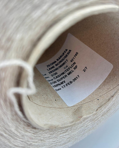 Elite iDOKNiT luxury lace yarn, Waterproof Cashwool by Zegna Baruffa Italy. 100% extrafine merino wool with Teflon® treatment, Nm 2/30. Authentic Italian-made water-repellent performance wool curated by iDOKNiT for professional knitting.