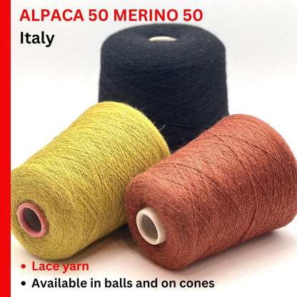 Three spools of yarn in black, yellow, and brown with text about alpaca and merino yarn from Italy.