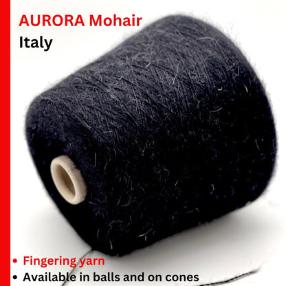 FILATI POWER AURORA black Superkid Mohair yarn cone, Italian lace weight mohair blend for sweaters, shawls, cardigans, and luxury knitting