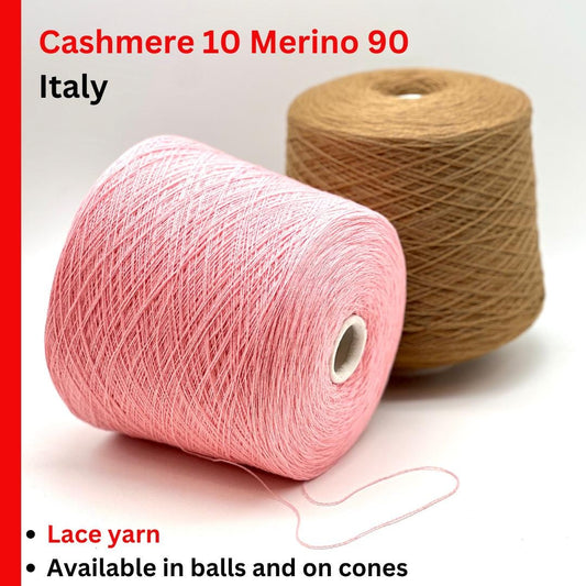 Exclusive iDOKNiT lace weight yarn, VIGOGNA by RiGo Italy. A high-quality blend of 10% cashmere and 90% merino wool in a 2/23 count, providing 1150m per 100g. Curated by iDOKNiT in 1276 Pink and 1277 Camel. Authentic Italian-made luxury fiber for ultra-soft, delicate garments with a refined finish.