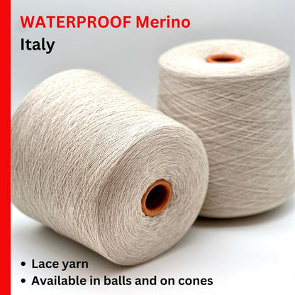 Elite iDOKNiT luxury lace yarn, Waterproof Cashwool by Zegna Baruffa Italy. 100% extrafine merino wool with Teflon® treatment, Nm 2/30. Authentic Italian-made water-repellent performance wool curated by iDOKNiT for professional knitting.