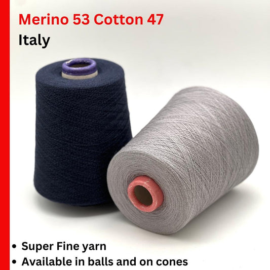 Two spools of yarn, one black and one gray, with text indicating 'Merino 53 Cotton 47 Italy' and product details.