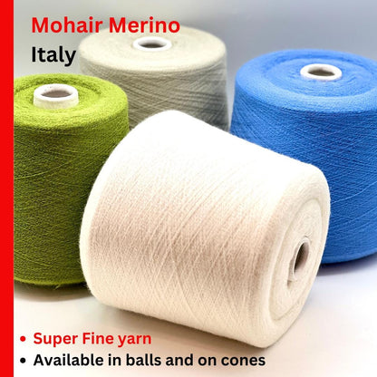 Four spools of yarn in green, white, blue, and beige with text about Mohair Merino yarn from Italy.