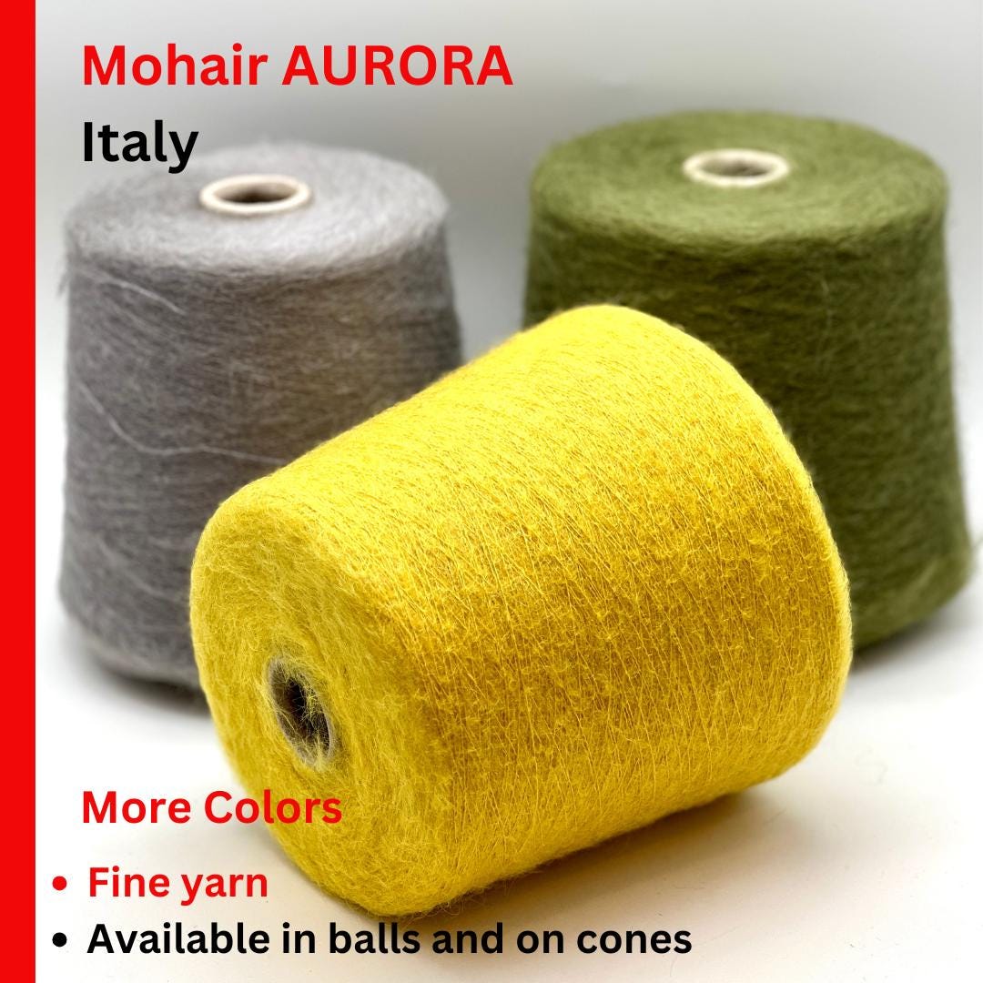 Three rolls of yarn in yellow, gray, and green with text about Mohair Aurora yarn from Italy.